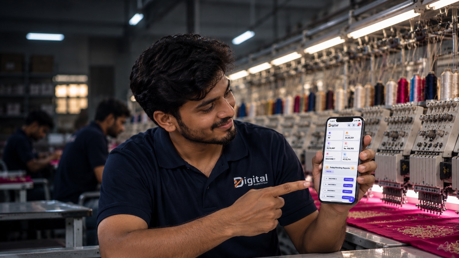 Happy Embroidery Machine Operator using Digital Supervisor mobile app